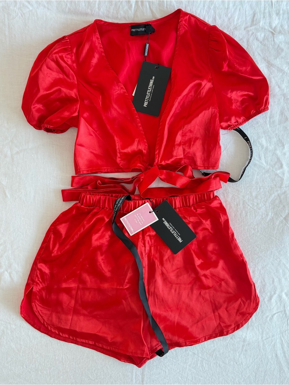 PRETTY LITTLE THING Petite Red Puff Sleeve Tie Front Crop Top & Short Satin Set